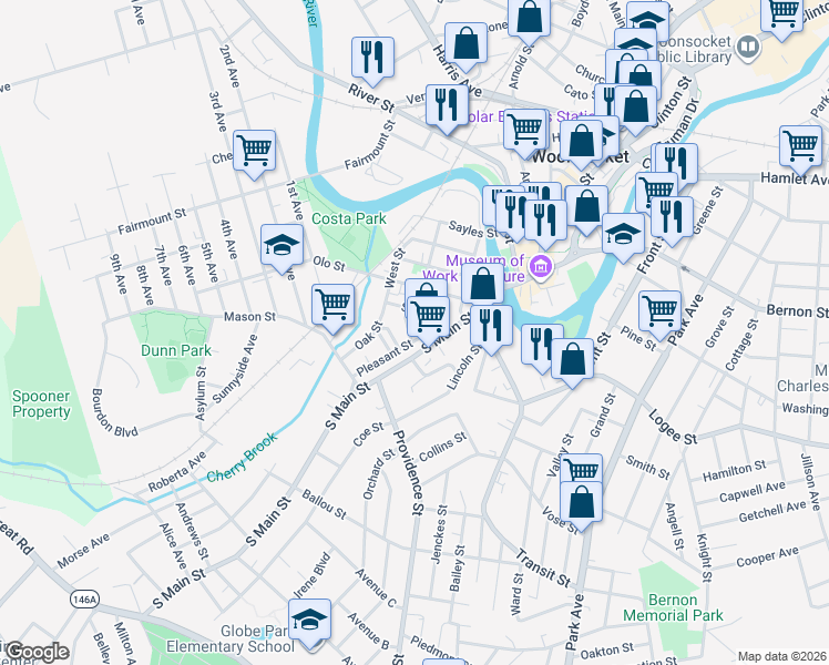 map of restaurants, bars, coffee shops, grocery stores, and more near 5 John Street in Woonsocket