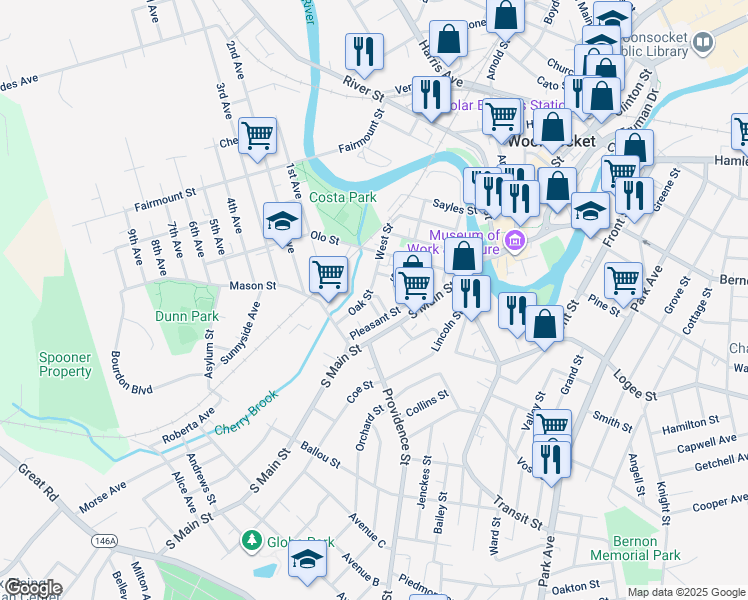 map of restaurants, bars, coffee shops, grocery stores, and more near 80 Oak Street in Woonsocket