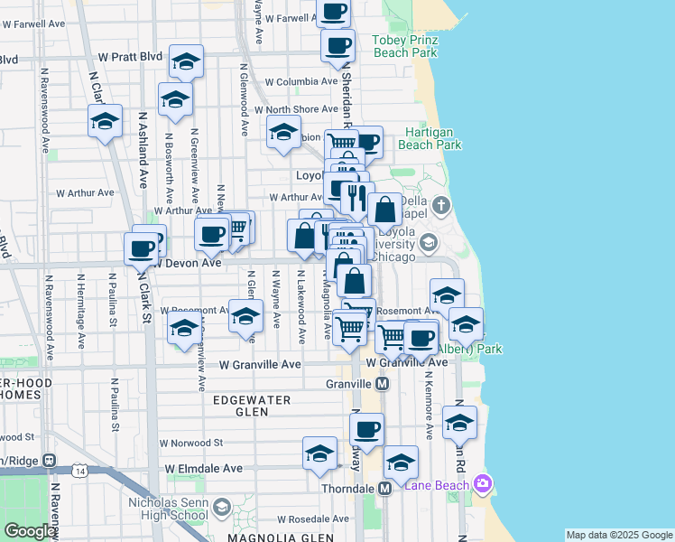 map of restaurants, bars, coffee shops, grocery stores, and more near in Chicago