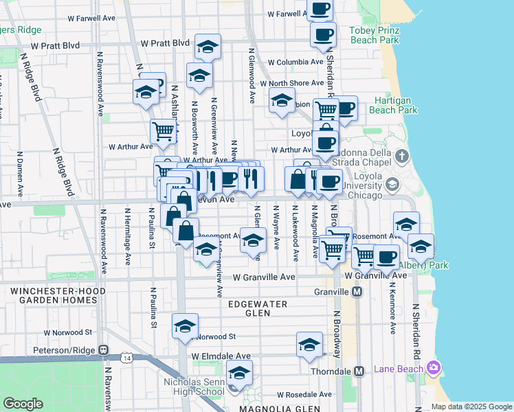 map of restaurants, bars, coffee shops, grocery stores, and more near 6410 North Glenwood Avenue in Chicago