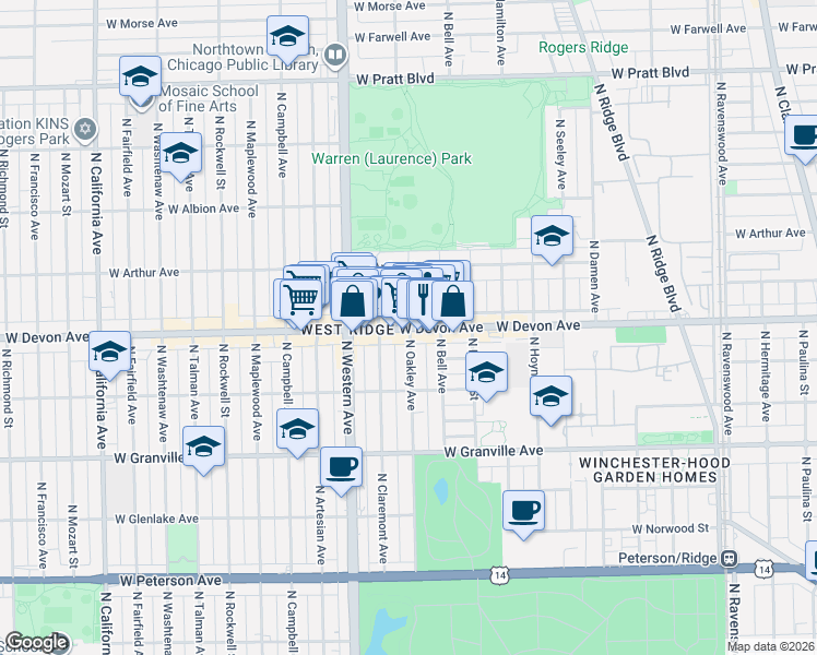 map of restaurants, bars, coffee shops, grocery stores, and more near in Chicago