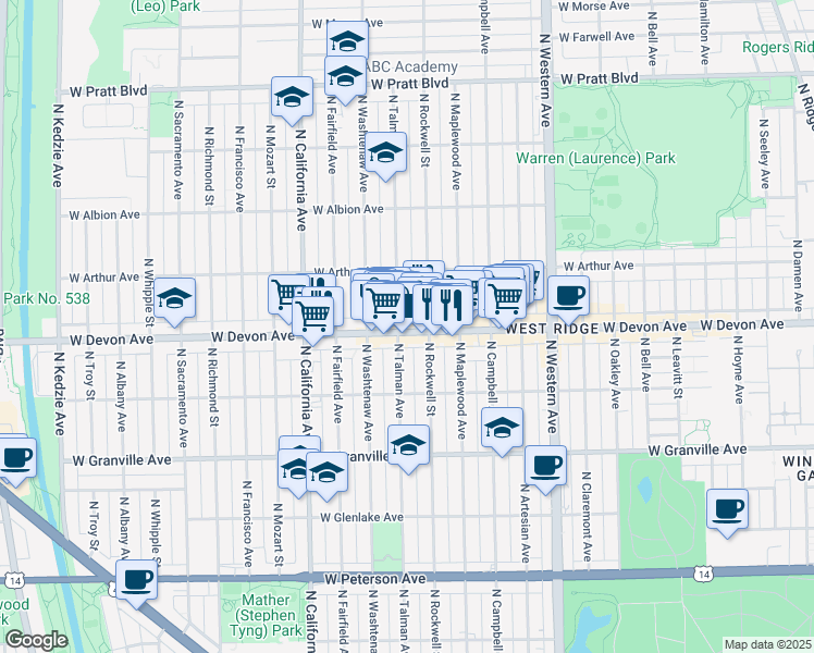 map of restaurants, bars, coffee shops, grocery stores, and more near 6429 North Talman Avenue in Chicago