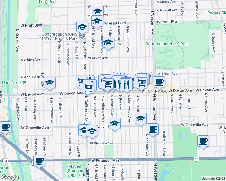 map of restaurants, bars, coffee shops, grocery stores, and more near 6429 North Talman Avenue in Chicago