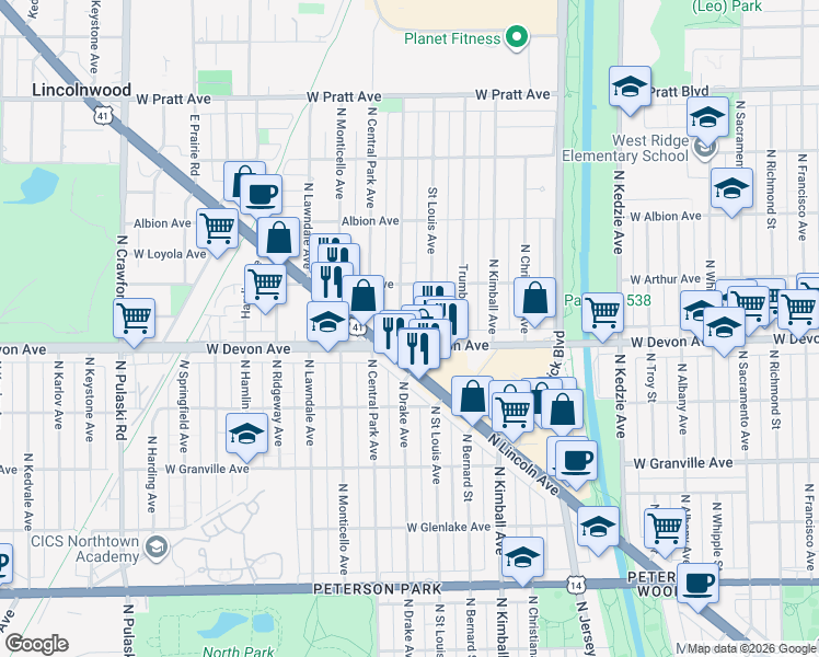 map of restaurants, bars, coffee shops, grocery stores, and more near 6415 Drake Avenue in Lincolnwood