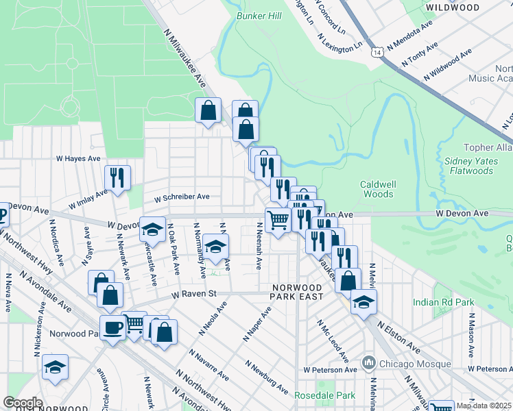 map of restaurants, bars, coffee shops, grocery stores, and more near 6439 North Nashville Avenue in Chicago