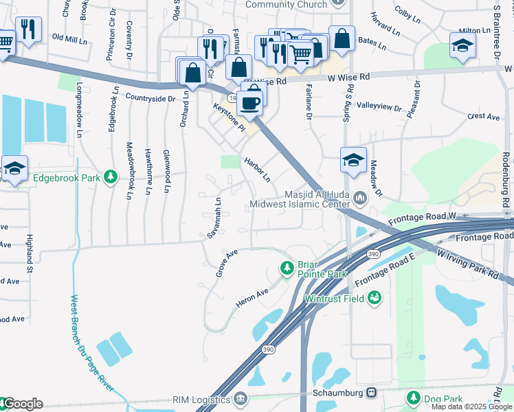 map of restaurants, bars, coffee shops, grocery stores, and more near 1493 Mercury Drive in Schaumburg