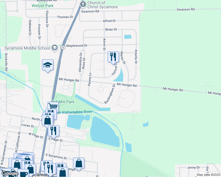 map of restaurants, bars, coffee shops, grocery stores, and more near 977 Buckingham Drive in Sycamore