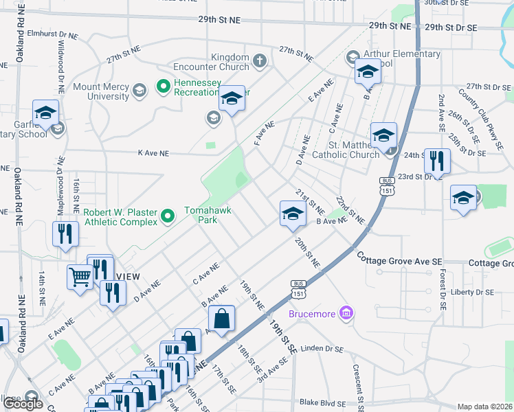 map of restaurants, bars, coffee shops, grocery stores, and more near 524 Gwendolyn Drive Northeast in Cedar Rapids