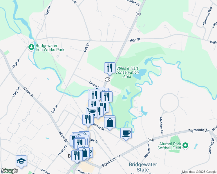 map of restaurants, bars, coffee shops, grocery stores, and more near 303 Broad Street in Bridgewater