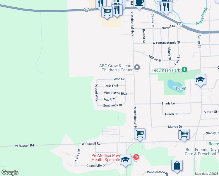 map of restaurants, bars, coffee shops, grocery stores, and more near 494 Tilton Drive in Tecumseh