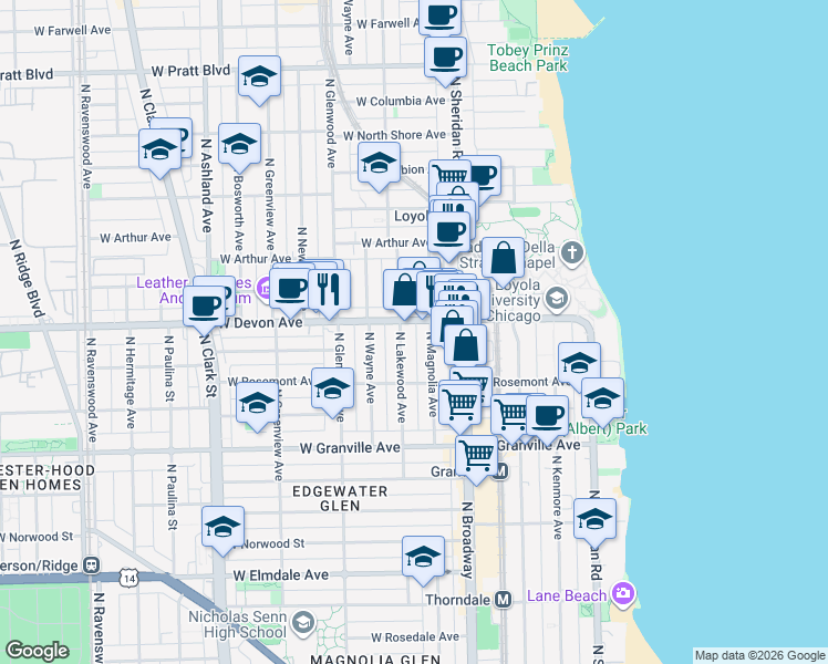map of restaurants, bars, coffee shops, grocery stores, and more near 6351 North Lakewood Avenue in Chicago