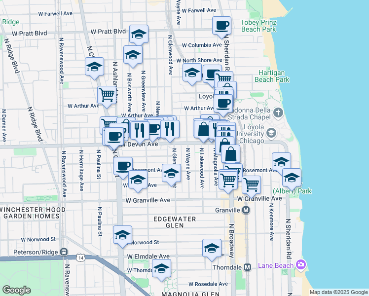map of restaurants, bars, coffee shops, grocery stores, and more near 6350 North Wayne Avenue in Chicago