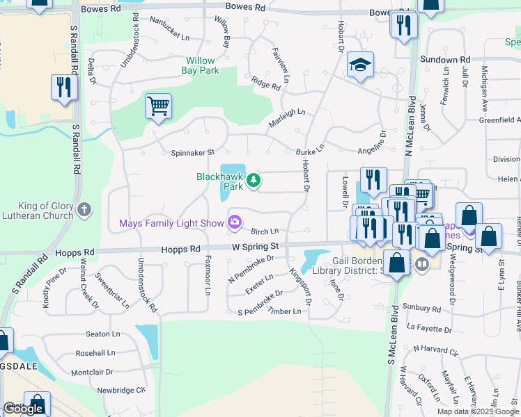 map of restaurants, bars, coffee shops, grocery stores, and more near 1458 Woodland Drive in South Elgin