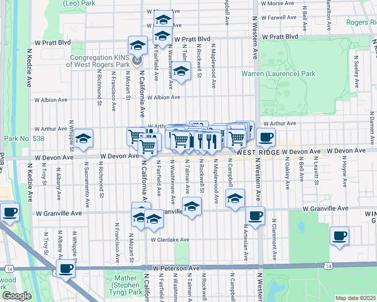 map of restaurants, bars, coffee shops, grocery stores, and more near 6429 North Talman Avenue in Chicago