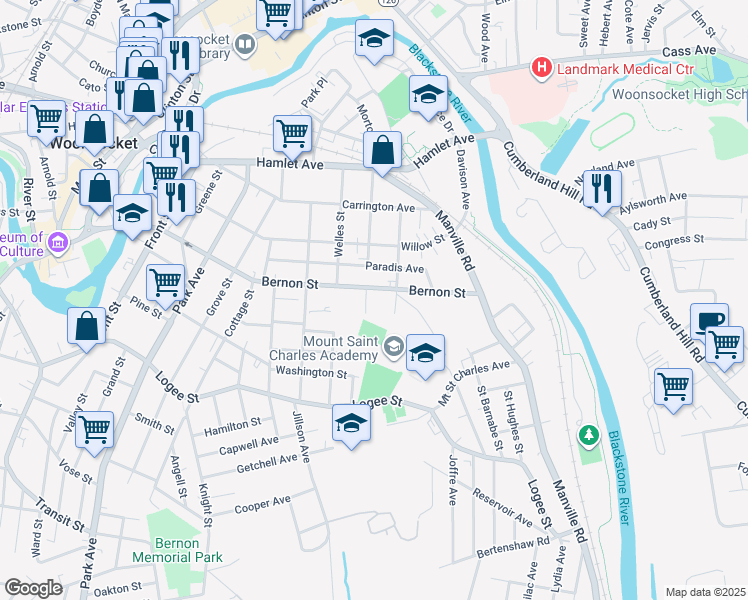 map of restaurants, bars, coffee shops, grocery stores, and more near 165 Roberts Street in Woonsocket