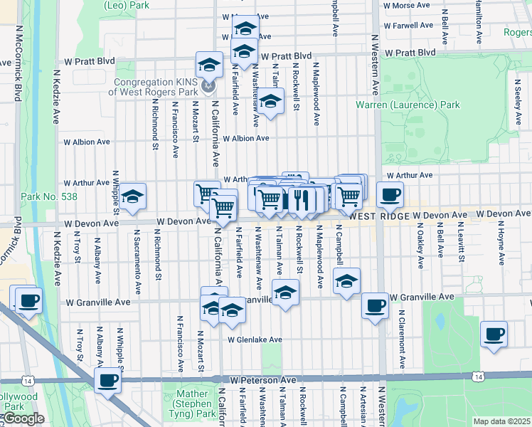 map of restaurants, bars, coffee shops, grocery stores, and more near 6429 North Talman Avenue in Chicago