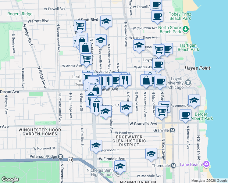 map of restaurants, bars, coffee shops, grocery stores, and more near 6417 North Greenview Avenue in Chicago