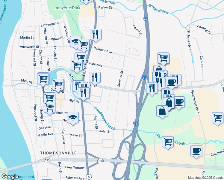 map of restaurants, bars, coffee shops, grocery stores, and more near 3 Summer Street in Enfield