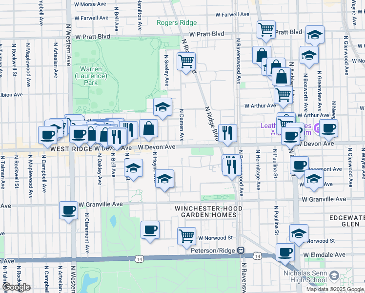 map of restaurants, bars, coffee shops, grocery stores, and more near W Devon Ave & N Damen Ave in Chicago