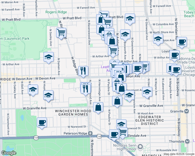 map of restaurants, bars, coffee shops, grocery stores, and more near 6415 North Hermitage Avenue in Chicago