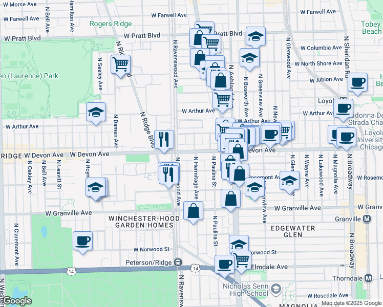 map of restaurants, bars, coffee shops, grocery stores, and more near 6415 North Hermitage Avenue in Chicago