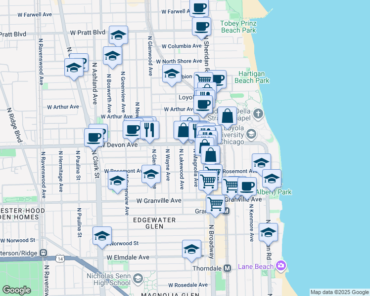 map of restaurants, bars, coffee shops, grocery stores, and more near 6411 North Lakewood Avenue in Chicago