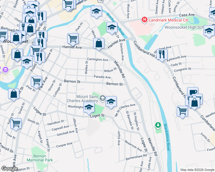 map of restaurants, bars, coffee shops, grocery stores, and more near 361 Paradis Avenue in Woonsocket