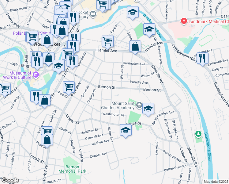 map of restaurants, bars, coffee shops, grocery stores, and more near 656 Bernon Street in Woonsocket