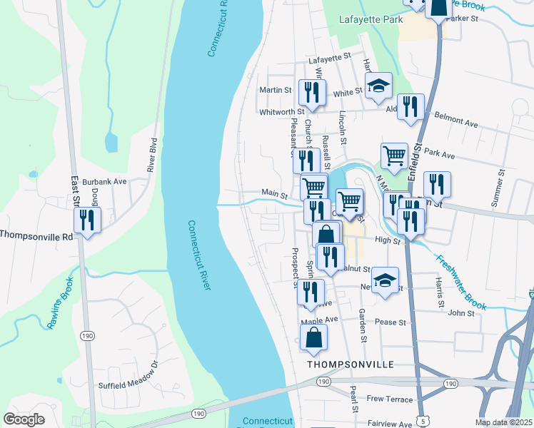 map of restaurants, bars, coffee shops, grocery stores, and more near 37 Asnuntuck Street in Enfield