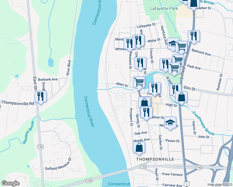 map of restaurants, bars, coffee shops, grocery stores, and more near 37 Asnuntuck Street in Enfield
