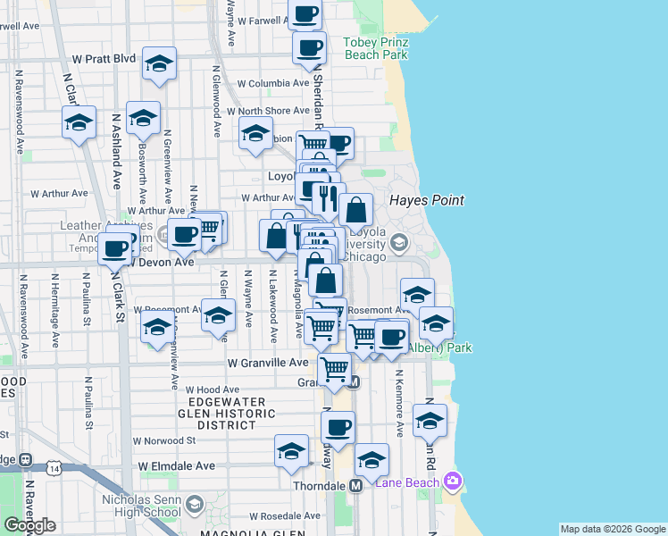 map of restaurants, bars, coffee shops, grocery stores, and more near 6401 North Sheridan Road in Chicago