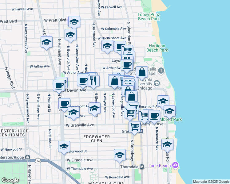 map of restaurants, bars, coffee shops, grocery stores, and more near 6411 North Lakewood Avenue in Chicago