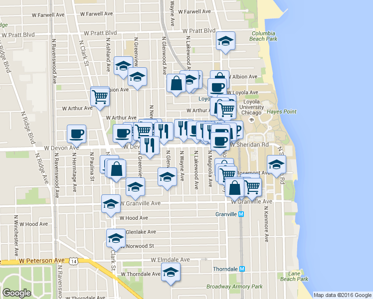 map of restaurants, bars, coffee shops, grocery stores, and more near 1334 West Devon Avenue in Chicago