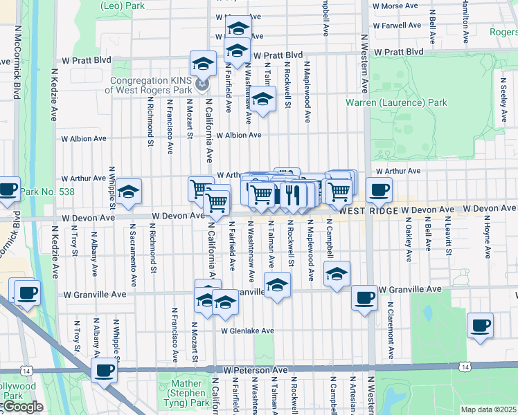 map of restaurants, bars, coffee shops, grocery stores, and more near 6429 North Talman Avenue in Chicago
