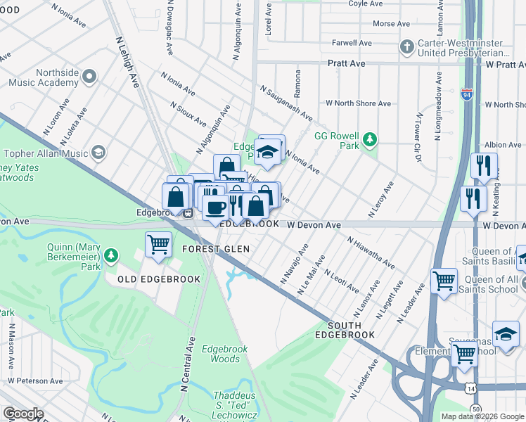 map of restaurants, bars, coffee shops, grocery stores, and more near 6413 North Tahoma Avenue in Chicago
