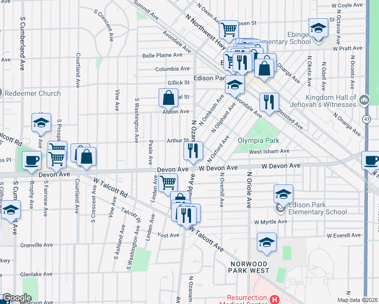 map of restaurants, bars, coffee shops, grocery stores, and more near 1020 North Ozanam Avenue in Park Ridge