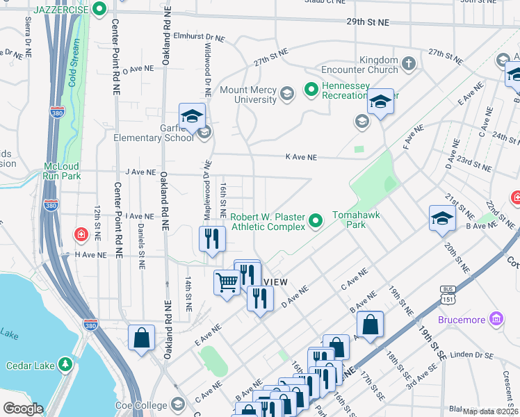 map of restaurants, bars, coffee shops, grocery stores, and more near 1039 17th Street Northeast in Cedar Rapids