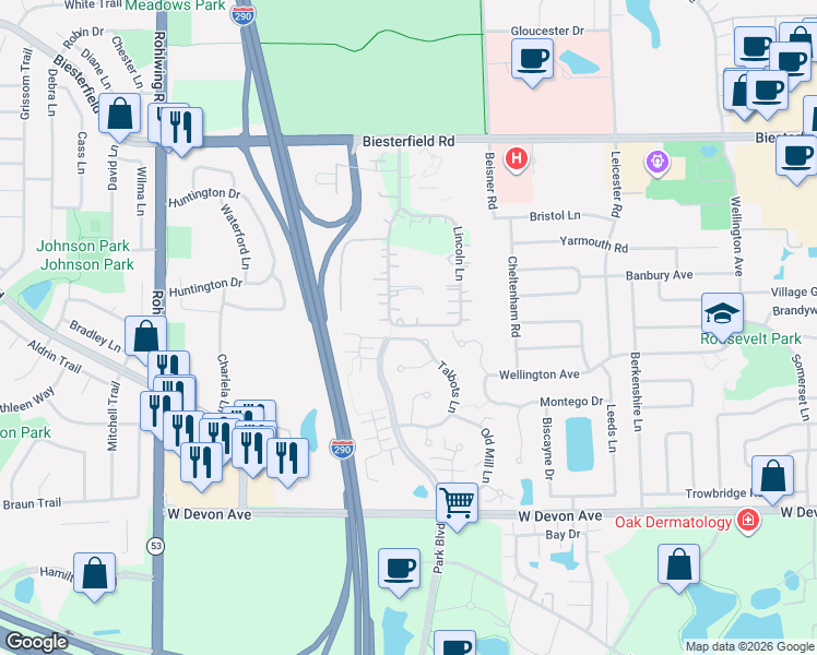 map of restaurants, bars, coffee shops, grocery stores, and more near 917 Little Falls Court in Elk Grove Village