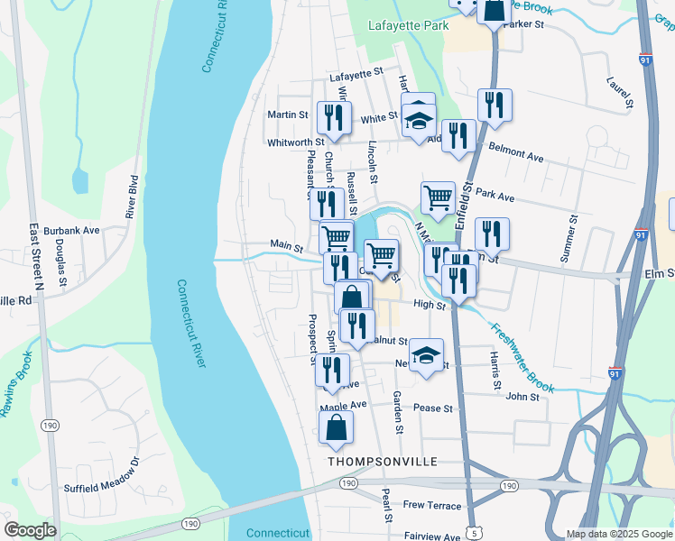 map of restaurants, bars, coffee shops, grocery stores, and more near 26 Pearl Street in Enfield