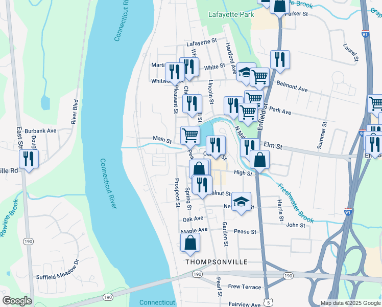 map of restaurants, bars, coffee shops, grocery stores, and more near 26 Pearl Street in Enfield