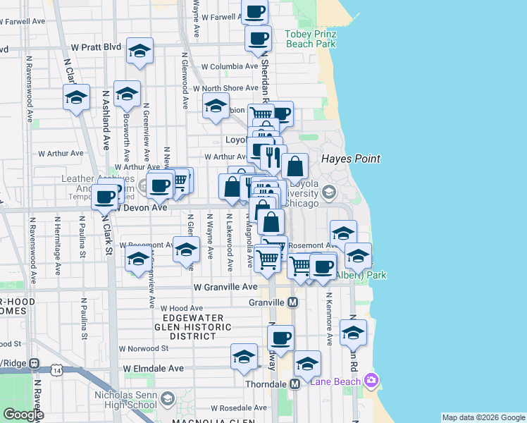 map of restaurants, bars, coffee shops, grocery stores, and more near 6350 North Broadway in Chicago