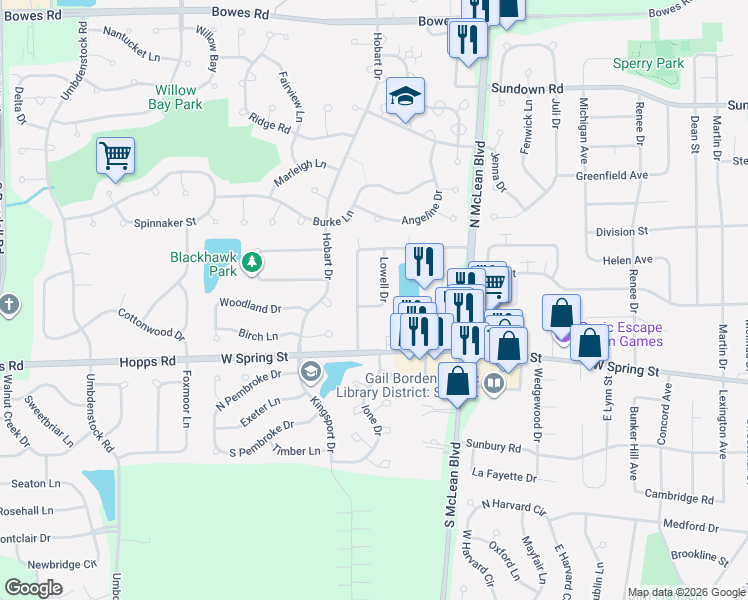 map of restaurants, bars, coffee shops, grocery stores, and more near 482 Lowell Drive in South Elgin