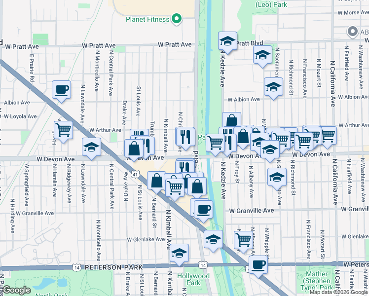 map of restaurants, bars, coffee shops, grocery stores, and more near 6438 Spaulding Avenue in Lincolnwood