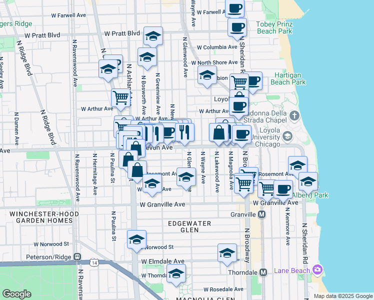 map of restaurants, bars, coffee shops, grocery stores, and more near 6410 North Glenwood Avenue in Chicago