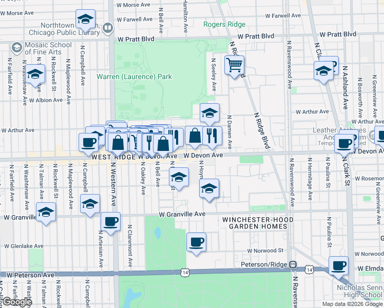 map of restaurants, bars, coffee shops, grocery stores, and more near 2116 W Devon Ave in Chicago