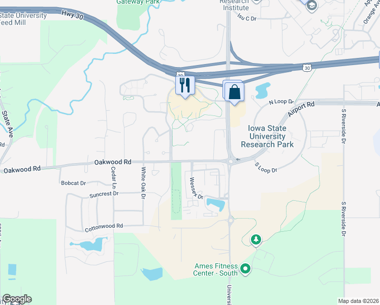 map of restaurants, bars, coffee shops, grocery stores, and more near 2609 University Boulevard in Ames