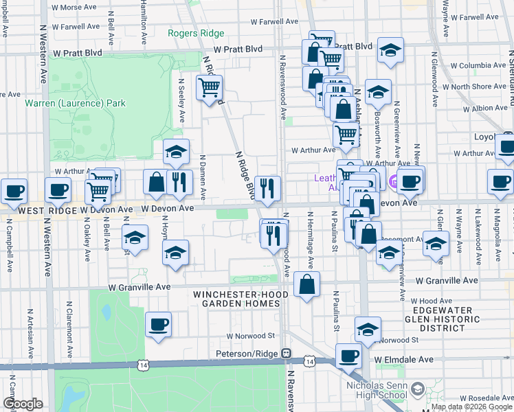 map of restaurants, bars, coffee shops, grocery stores, and more near W Devon Ave & N Ridge Blvd in Chicago