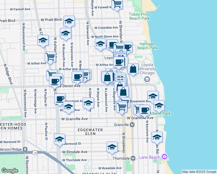 map of restaurants, bars, coffee shops, grocery stores, and more near 6351 North Lakewood Avenue in Chicago