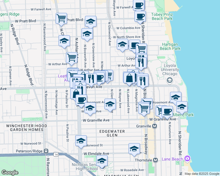map of restaurants, bars, coffee shops, grocery stores, and more near 1401 West Devon Avenue in Chicago
