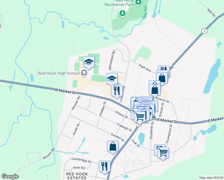 map of restaurants, bars, coffee shops, grocery stores, and more near 65 West Market Street in Red Hook